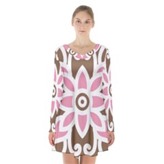 A Pink Flower On A Brown Background Long Sleeve Velvet V-neck Dress