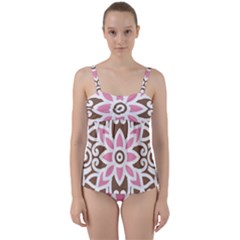 A Pink Flower On A Brown Background Twist Front Tankini Set