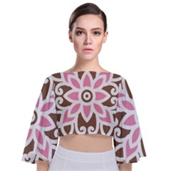 A Pink Flower On A Brown Background Tie Back Butterfly Sleeve Chiffon Top