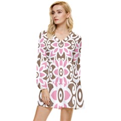 A Pink Flower On A Brown Background Tiered Long Sleeve Mini Dress