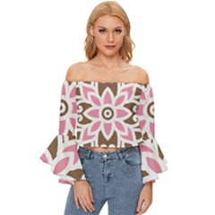 A Pink Flower On A Brown Background Off Shoulder Flutter Bell Sleeve Top