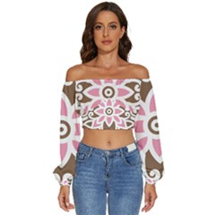 A Pink Flower On A Brown Background Long Sleeve Crinkled Weave Crop Top