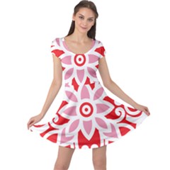 A Red And White Pattern With A Flower On It Cap Sleeve Dress