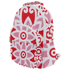 A Red And White Pattern With A Flower On It Rounded Multi Pocket Backpack