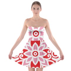 A Red And White Pattern With A Flower On It Strapless Bra Top Dress