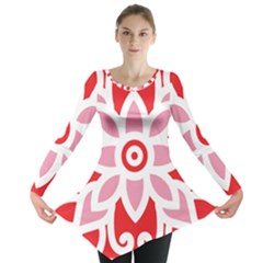 A Red And White Pattern With A Flower On It Long Sleeve Tunic 