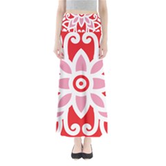 A Red And White Pattern With A Flower On It Full Length Maxi Skirt