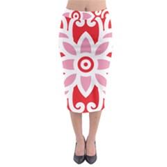 A Red And White Pattern With A Flower On It Midi Pencil Skirt