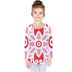 A Red And White Pattern With A Flower On It Kids  Long Sleeve T-shirt