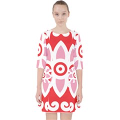 A Red And White Pattern With A Flower On It Quarter Sleeve Pocket Dress