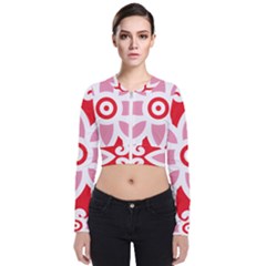 A Red And White Pattern With A Flower On It Long Sleeve Zip Up Bomber Jacket