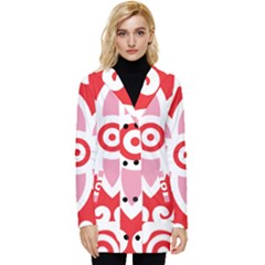 A Red And White Pattern With A Flower On It Button Up Hooded Coat 