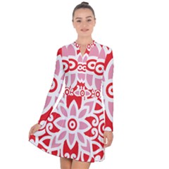 A Red And White Pattern With A Flower On It Long Sleeve Panel Dress