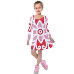 A Red And White Pattern With A Flower On It Kids  Long Sleeve Velvet Dress