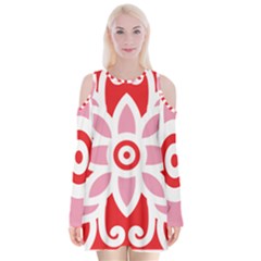 A Red And White Pattern With A Flower On It Velvet Long Sleeve Shoulder Cutout Dress