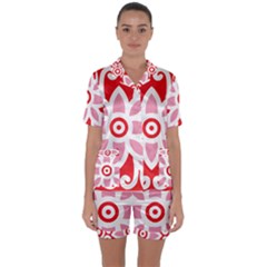 A Red And White Pattern With A Flower On It Satin Short Sleeve Pajamas Set