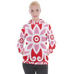 A Red And White Pattern With A Flower On It Women s Hooded Pullover