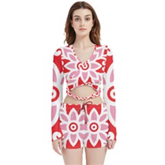 A Red And White Pattern With A Flower On It Velvet Wrap Crop Top And Shorts Set