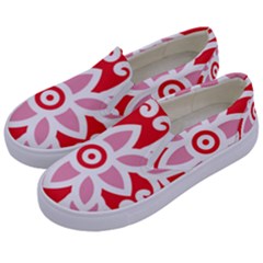 A Red And White Pattern With A Flower On It Kids  Canvas Slip Ons