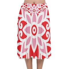 A Red And White Pattern With A Flower On It Velvet Flared Midi Skirt