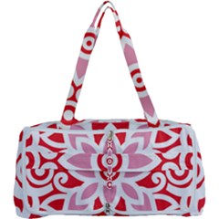 A Red And White Pattern With A Flower On It Multi Function Bag