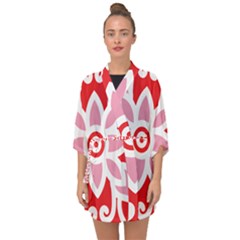 A Red And White Pattern With A Flower On It Half Sleeve Chiffon Kimono