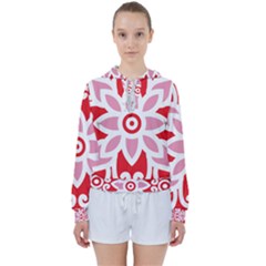 A Red And White Pattern With A Flower On It Women s Tie Up Sweat