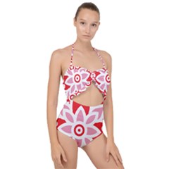 A Red And White Pattern With A Flower On It Scallop Top Cut Out Swimsuit