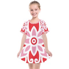 A Red And White Pattern With A Flower On It Kids  Smock Dress