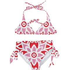 A Red And White Pattern With A Flower On It Kids  Classic Bikini Set