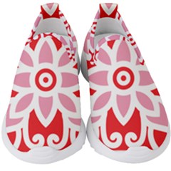 A Red And White Pattern With A Flower On It Kids  Slip On Sneakers