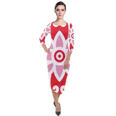 A Red And White Pattern With A Flower On It Quarter Sleeve Midi Velour Bodycon Dress