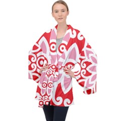 A Red And White Pattern With A Flower On It Long Sleeve Velvet Kimono 