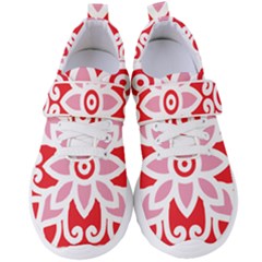 A Red And White Pattern With A Flower On It Women s Velcro Strap Shoes