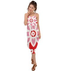 A Red And White Pattern With A Flower On It Waist Tie Cover Up Chiffon Dress