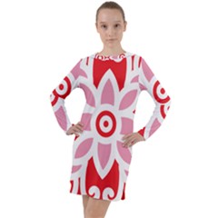 A Red And White Pattern With A Flower On It Long Sleeve Hoodie Dress