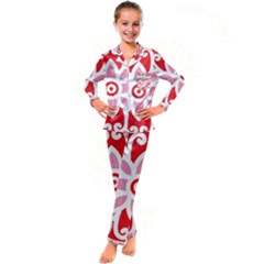 A Red And White Pattern With A Flower On It Kids  Satin Long Sleeve Pajamas Set