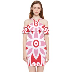 A Red And White Pattern With A Flower On It Shoulder Frill Bodycon Summer Dress