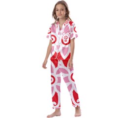 A Red And White Pattern With A Flower On It Kids  Satin Short Sleeve Pajamas Set