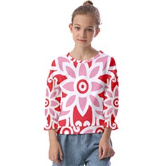 A Red And White Pattern With A Flower On It Kids  Cuff Sleeve Top