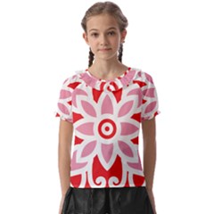 A Red And White Pattern With A Flower On It Kids  Frill Chiffon Blouse