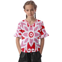 A Red And White Pattern With A Flower On It Kids  V-neck Horn Sleeve Blouse