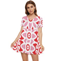 A Red And White Pattern With A Flower On It Tiered Short Sleeve Babydoll Dress