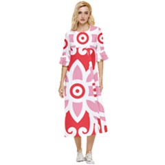 A Red And White Pattern With A Flower On It Double Cuff Midi Dress