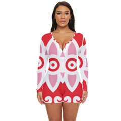 A Red And White Pattern With A Flower On It Long Sleeve Boyleg Swimsuit