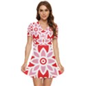 A Red And White Pattern With A Flower On It V-Neck High Waist Chiffon Mini Dress View1