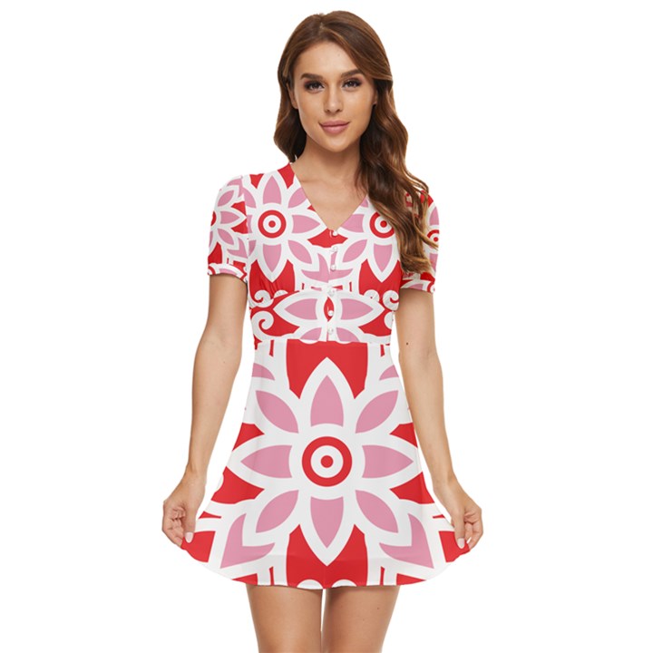 A Red And White Pattern With A Flower On It V-Neck High Waist Chiffon Mini Dress