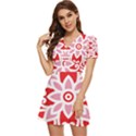 A Red And White Pattern With A Flower On It V-Neck High Waist Chiffon Mini Dress View2