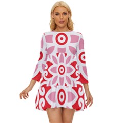 A Red And White Pattern With A Flower On It Long Sleeve Babydoll Dress