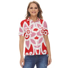 A Red And White Pattern With A Flower On It Women s Short Sleeve Double Pocket Shirt